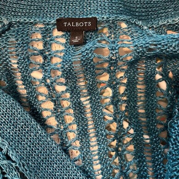Talbots Preppy Business Casual Blue/Green Crocheted Long Sleeve VNeck Cardigan S - Picture 2 of 3